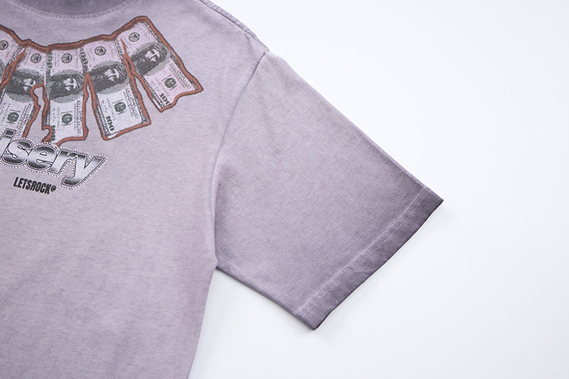 DAXUEN Washed oversized graphic t-shirt with dollar bills and 'misery' print