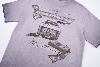 DAXUEN Washed oversized graphic t-shirt with dollar bills and 'misery' print