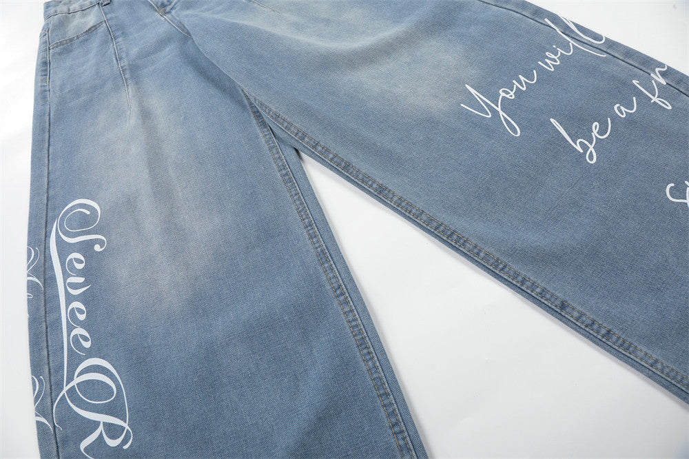 DAXUEN Light blue denim wide-leg jeans with graphic prints