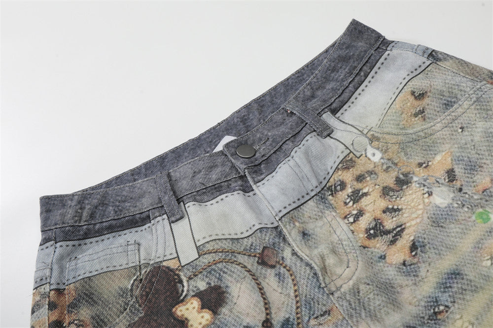 DAXUEN Cropped wide-leg digital print pants with bear graphic