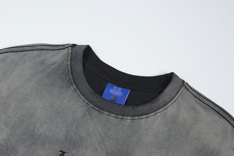DAXUEN Gradient distressed crew neck t-shirt with gothic embroidery