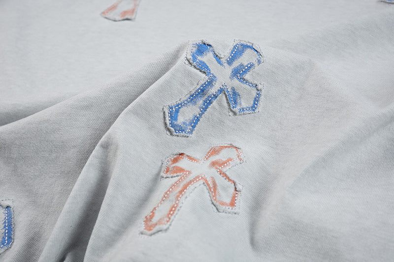 DAXUEN Distressed cross patch short-sleeved T-shirt