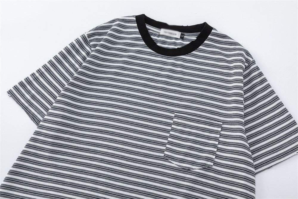 DAXUEN Striped crew-neck short-sleeve T-shirt with patch pocket