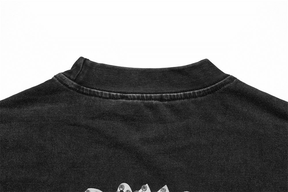DAXUEN Gothic rhinestone graphic t-shirt in washed black