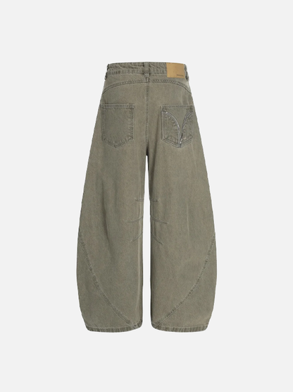 Vintage Pleated Spliced Distressed Wide Leg Jeans