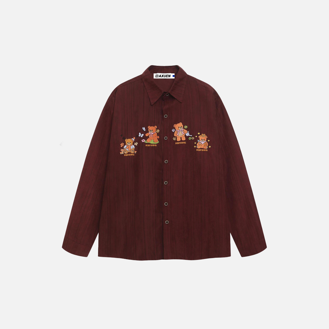 Whimsical Bear Embroidered Striped Long Sleeve Shirt