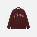 Whimsical Bear Embroidered Striped Long Sleeve Shirt