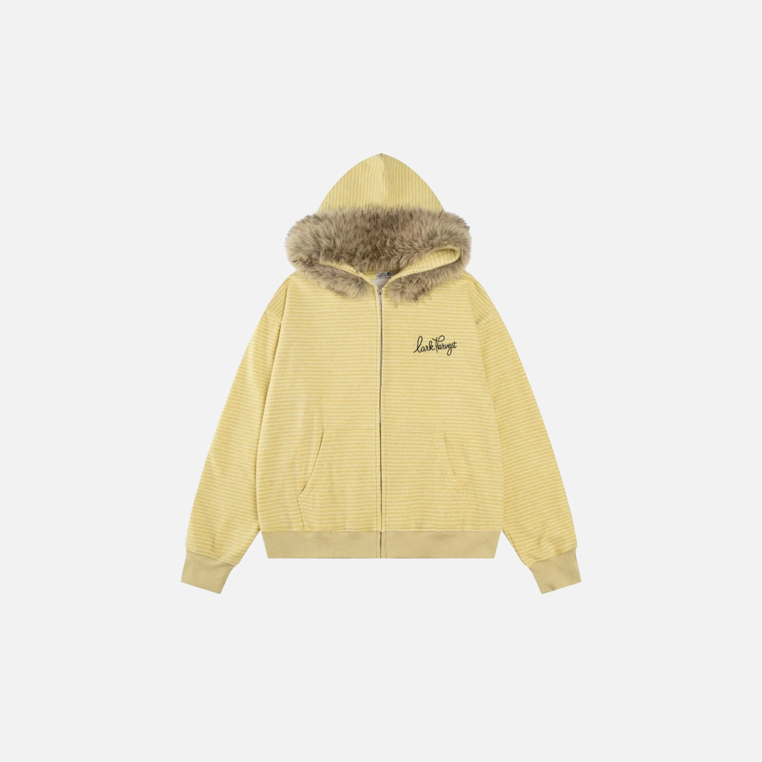 Cozy Striped Fleece Faux Fur Hooded Sweatshirt