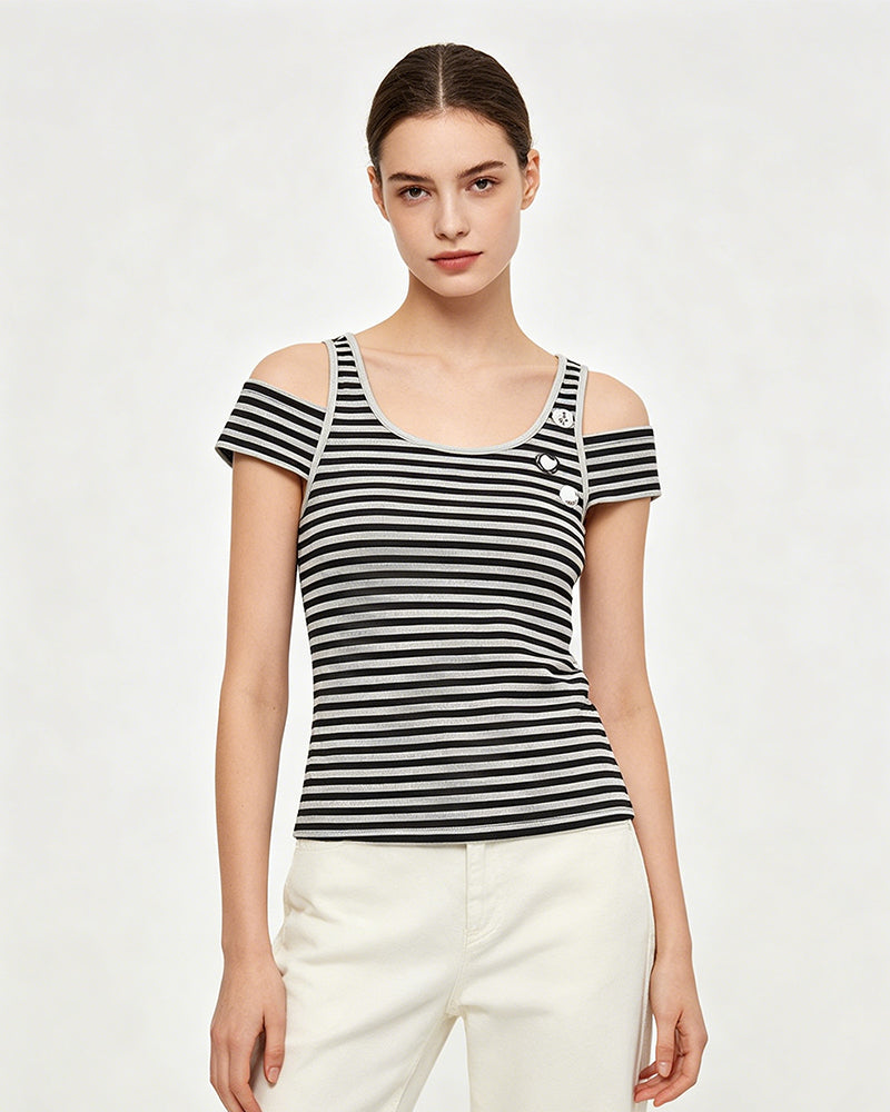Striped Cold-Shoulder Fitted Top