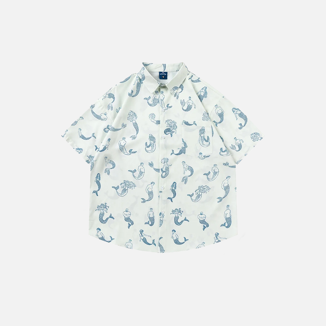 Mermaid Printed White Oversized Button-Up Shirt