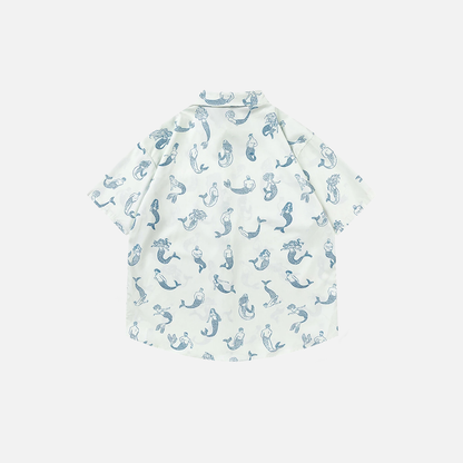 Mermaid Printed White Oversized Button-Up Shirt