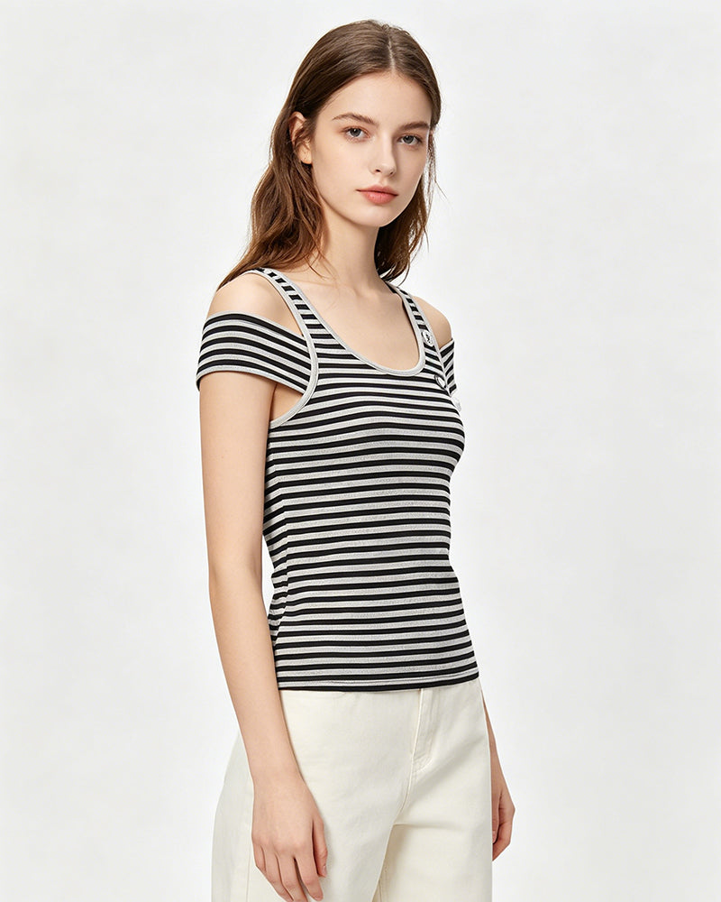 Striped Cold-Shoulder Fitted Top