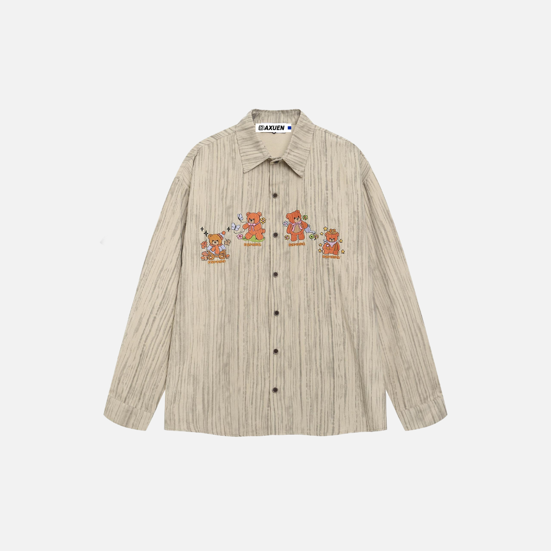 Whimsical Bear Embroidered Striped Long Sleeve Shirt