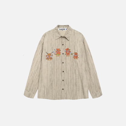 Whimsical Bear Embroidered Striped Long Sleeve Shirt
