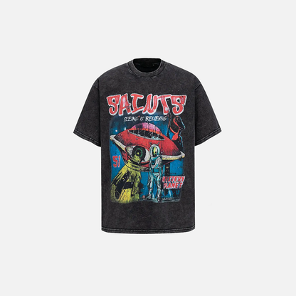 Graphic Vintage Black UFO Alien T-Shirt