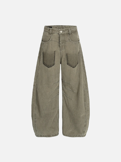 Vintage Pleated Spliced Distressed Wide Leg Jeans