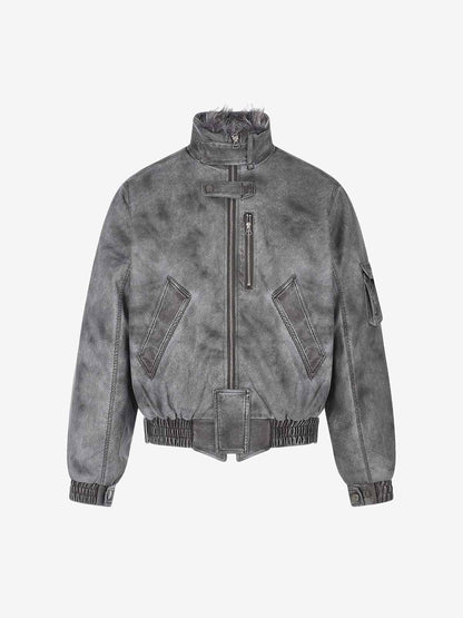 Washed High-Collar Multi-Zip Bomber Coat