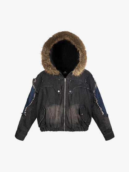 Patchwork Distressed Faux-Fur Collar Denim Jacket; Black / M, Black / L, Black / XL, Black / S