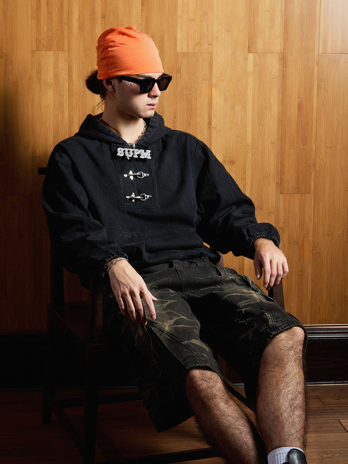 Vintage Washed Denim Metal Toggle Detail Pullover Hoodie; Black / M, Black / L, Black / XL