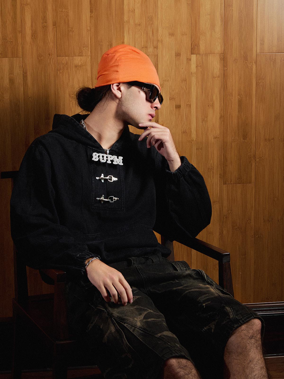 Vintage Washed Denim Metal Toggle Detail Pullover Hoodie; Black / M, Black / L, Black / XL