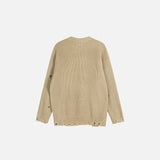 Back view of the khaki Distressed Number 9 Sweater in gray background