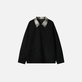 Retro Checkered Turn Down Collar Striped Sweatshirt