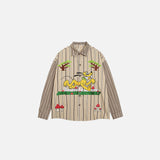 Front view of the beige Striped Graphic Button-Up Shirt in a gray background