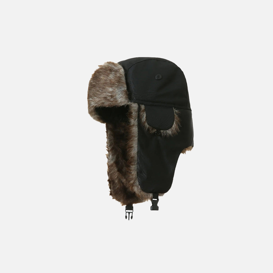 Front view of the black Faux Fur Lined Trapper Hat in a gray background