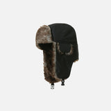 Front view of the black Faux Fur Lined Trapper Hat in a gray background