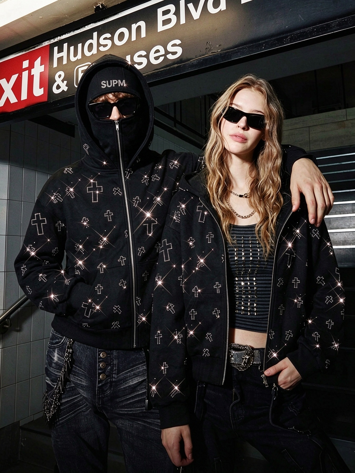 Rhinestone Cross Masked Sweatshirt