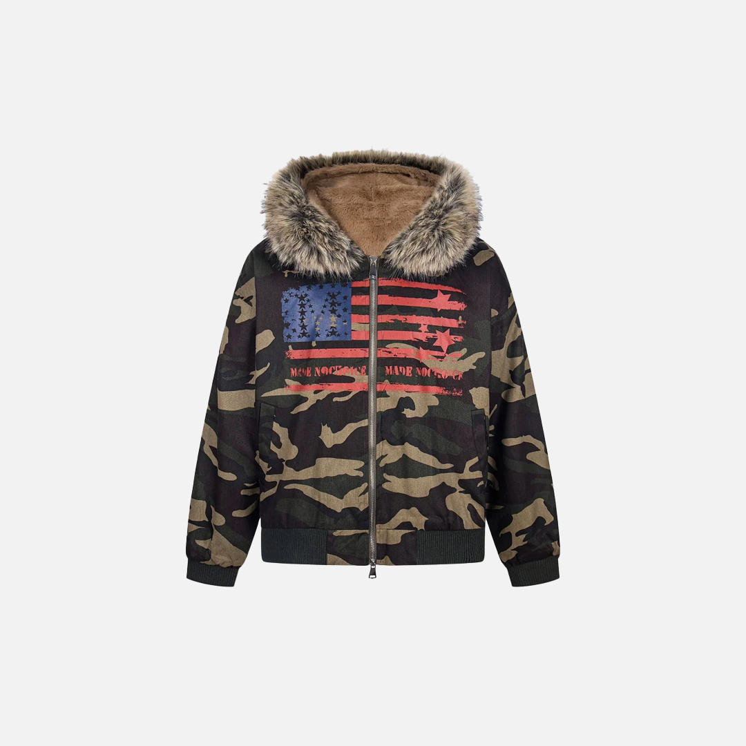 Camouflage Retro Print Faux Fur Hooded Jacket