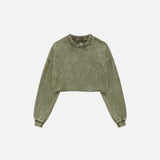 Front view of the green Women Distressed Loose T-Shirt in a gray background 