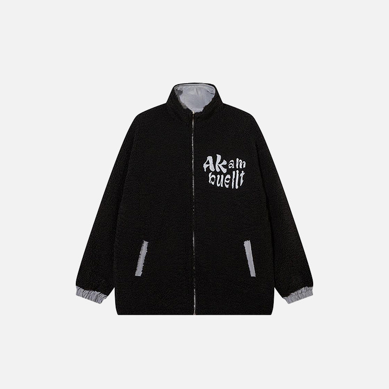 Front view of black Fluffy Fleece Zip-up Jacket in a gray background 