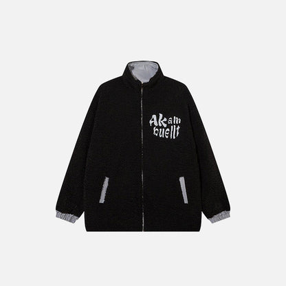 Front view of black Fluffy Fleece Zip-up Jacket in a gray background 