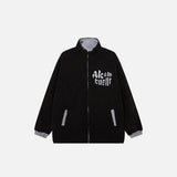 Front view of black Fluffy Fleece Zip-up Jacket in a gray background 