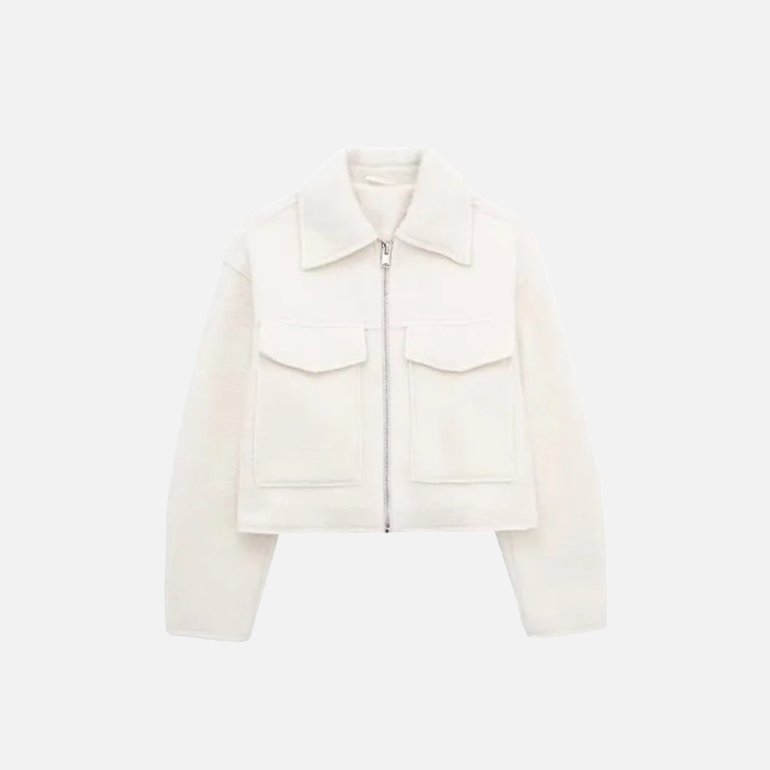 Front view of the white Quilted Utility Jacket in a gray background
