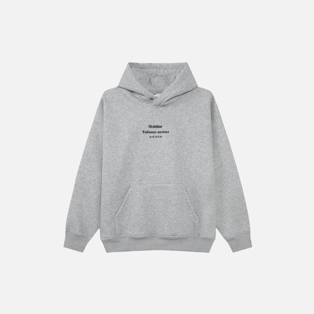 Front view of the gray Mobilier Tableaux Anciens Hoodie in a gray background
