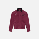 Front view of the rose red Loose Retro Washed Jacket in a gray background 