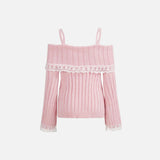 Front view of the pink Mode Lace Portrait Sweater in a gray background