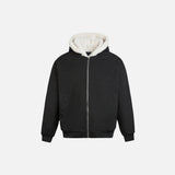 Front view of the black Sherpa-Lined Zip-Up Jacket in a gray background