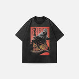 Front view of the black Graphic Print T-shirt in a gray background