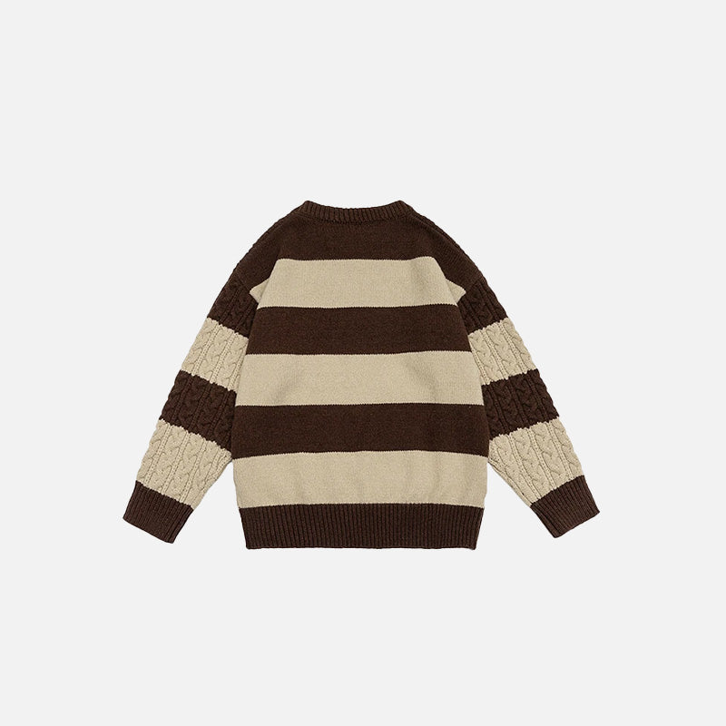 Back view of the brown Classic Cable Knit Sweatshirt in a gray background