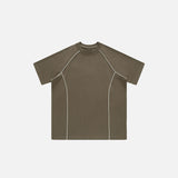 Front view of the coffee Loose Patchwork Oversized T-shirt in a gray background 