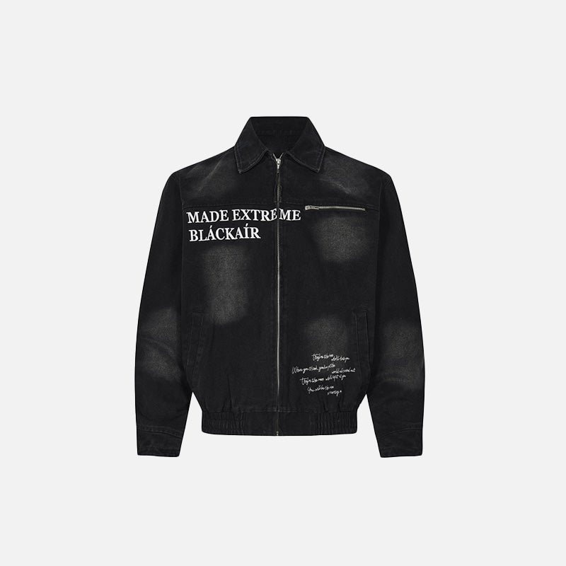 Front view of the black Y2k Washed Old Detroit Jacket in a gray background 