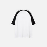 Back view of the white Loose Side Striped T-shirt in a gray background 