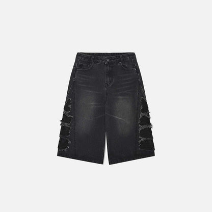 Front view of the black Side-Ripped Washed Jorts in a gray background 
