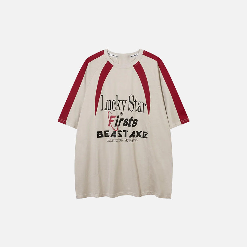 Front view of the beige Y2K Vintage Lucky Star Graphic T-shirt in a gray background 
