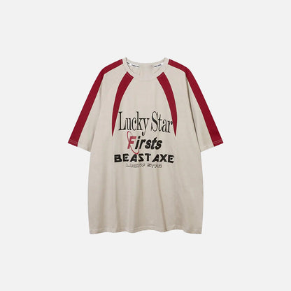 Front view of the beige Y2K Vintage Lucky Star Graphic T-shirt in a gray background 