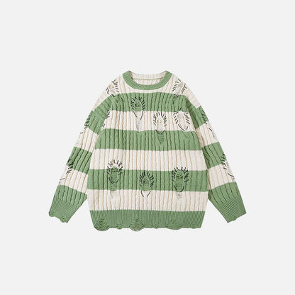 Loose Stripped Distressed Knitted Sweater