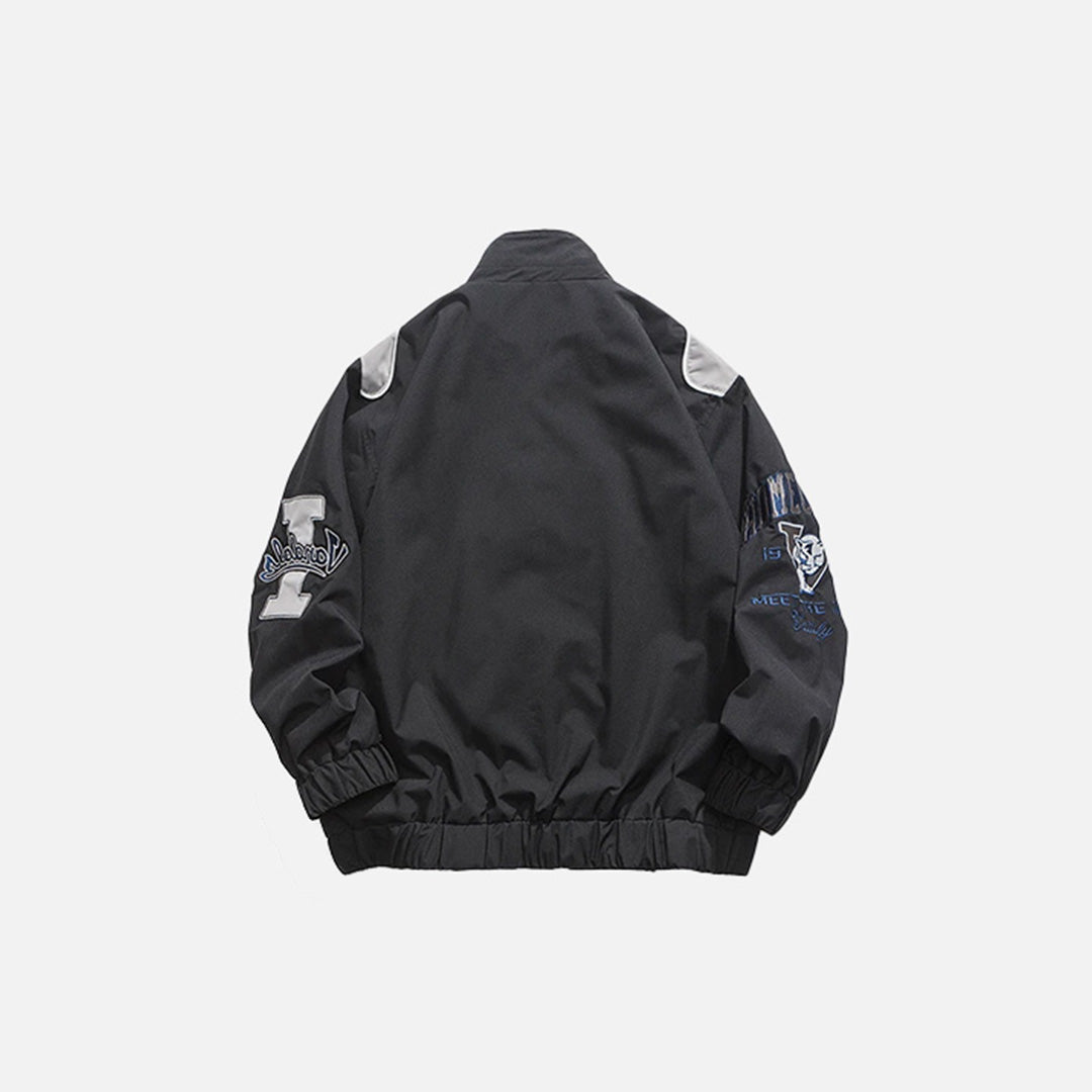 Back view of the black Letter-Embroidered Racing Jacket in a gray background 